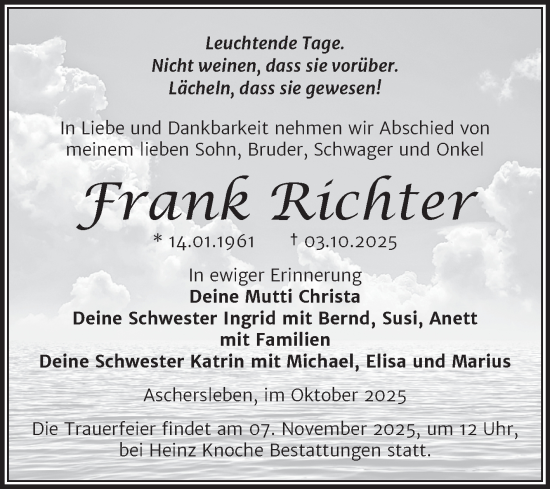 Traueranzeige von Frank Richter von Trauerkombi Aschersleben