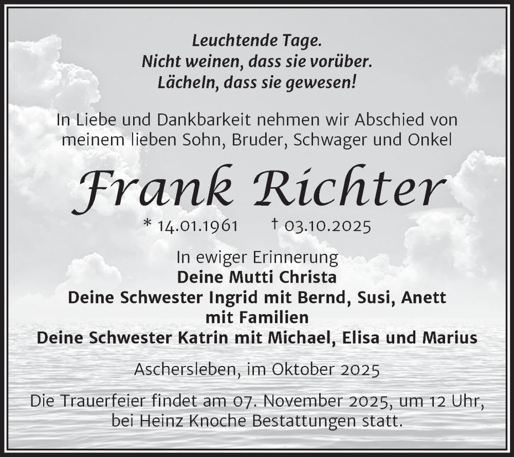  Traueranzeige für Frank Richter vom 25.10.2025 aus Trauerkombi Aschersleben