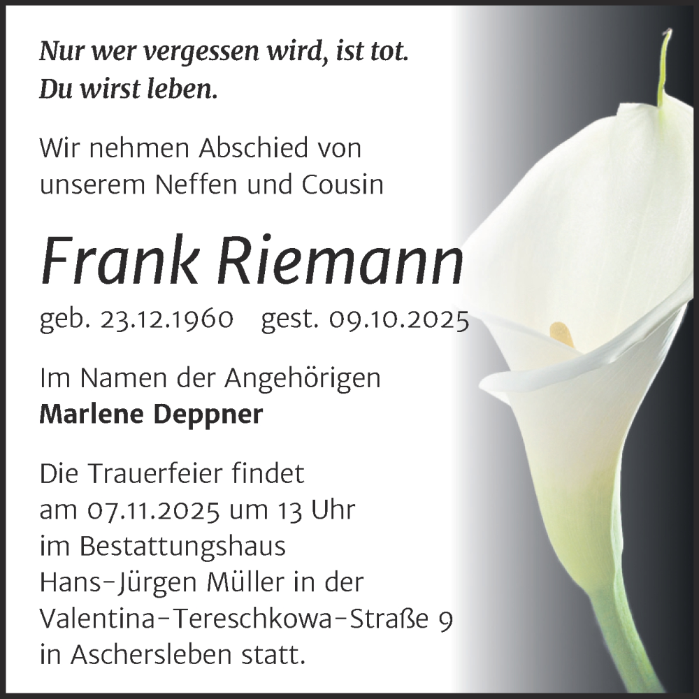  Traueranzeige für Frank Riemann vom 25.10.2025 aus Trauerkombi Aschersleben