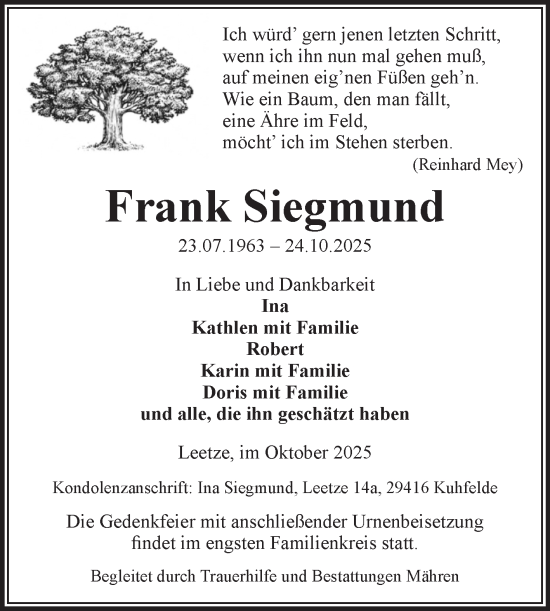 Traueranzeige von Frank Siegmund von Volksstimme Altmark West