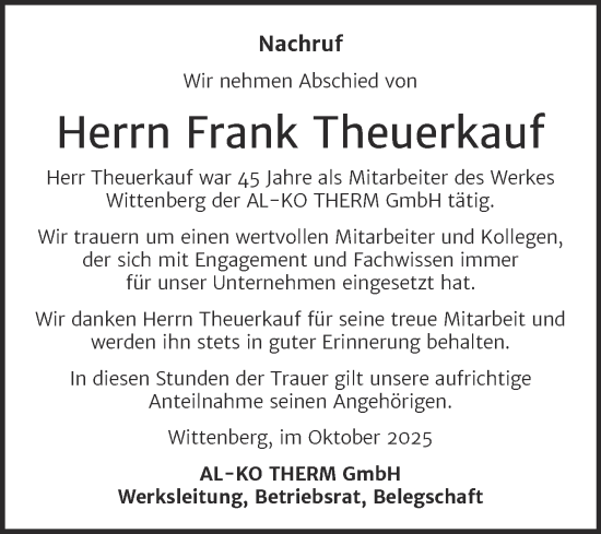 Traueranzeige von Frank Theuerkauf von Super Sonntag Wittenberg