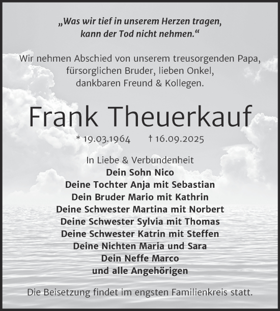 Traueranzeige von Frank Theuerkauf von Trauerkombi Wittenberg