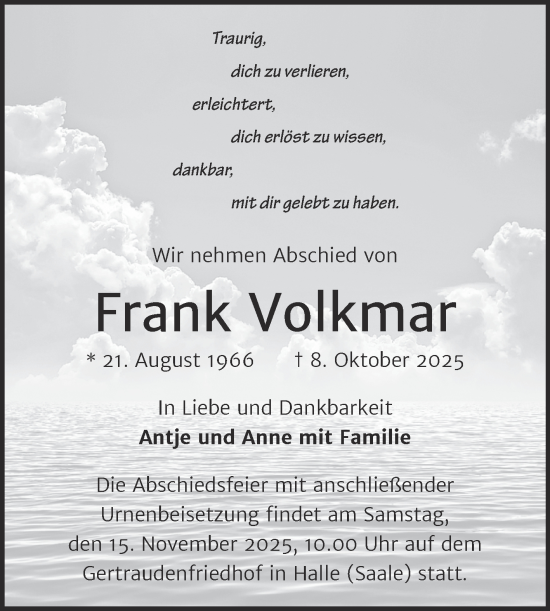 Traueranzeige von Frank Volkmar von Mitteldeutsche Zeitung Halle/Saalkreis