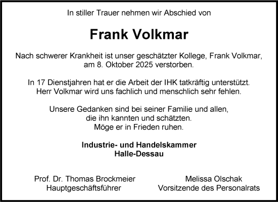 Traueranzeige von Frank Volkmar von Mitteldeutsche Zeitung Halle/Saalkreis