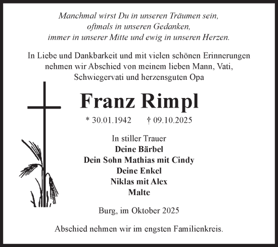 Traueranzeige von Franz Rimpl von Volksstimme Burg/Genthin