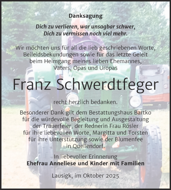 Traueranzeige von Franz Schwerdtfeger von Trauerkombi Köthen