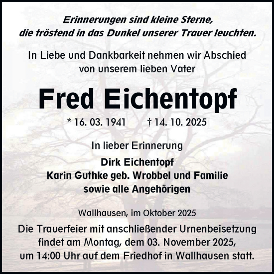 Traueranzeige von Fred Eichentopf von Trauerkombi Sangerhausen