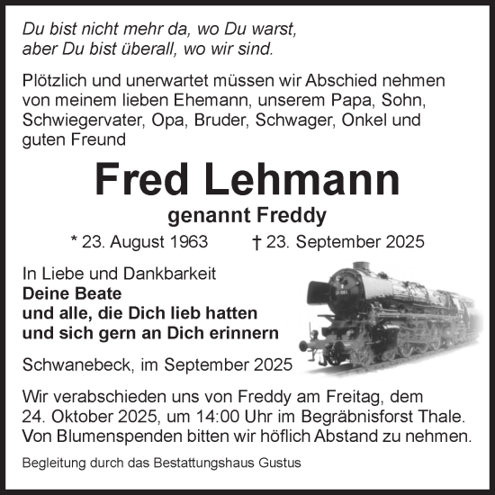 Traueranzeige von Fred Lehmann von Volksstimme Oschersleben/Wanzleben