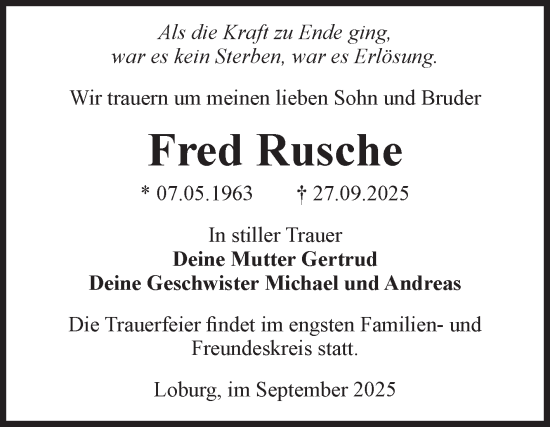 Traueranzeige von Fred Rusche von Volksstimme Zerbst