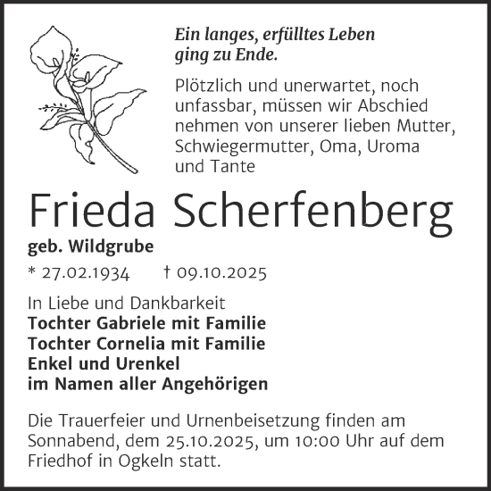 Traueranzeige von Frieda Scherfenberg von Trauerkombi Wittenberg