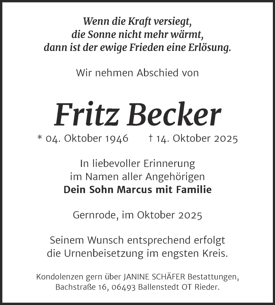  Traueranzeige für Fritz Becker vom 25.10.2025 aus Trauerkombi Quedlinburg