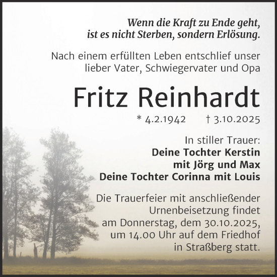 Traueranzeige von Fritz Reinhardt von Trauerkombi Quedlinburg