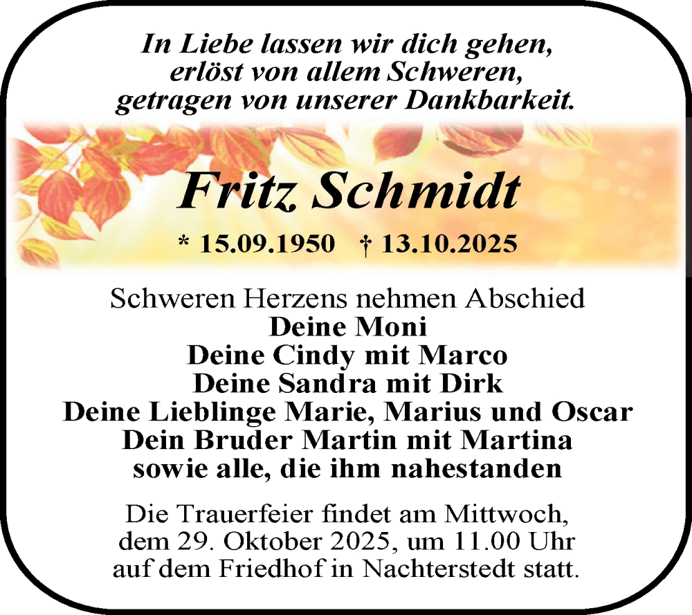  Traueranzeige für Fritz Schmidt vom 25.10.2025 aus Trauerkombi Aschersleben