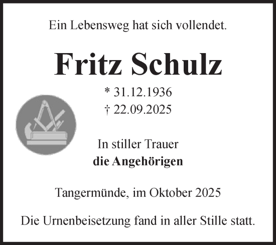 Traueranzeige von Fritz Schulz von Volksstimme Altmark Ost
