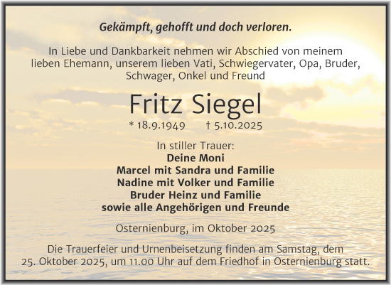 Traueranzeige von Fritz Siegel von Trauerkombi Köthen