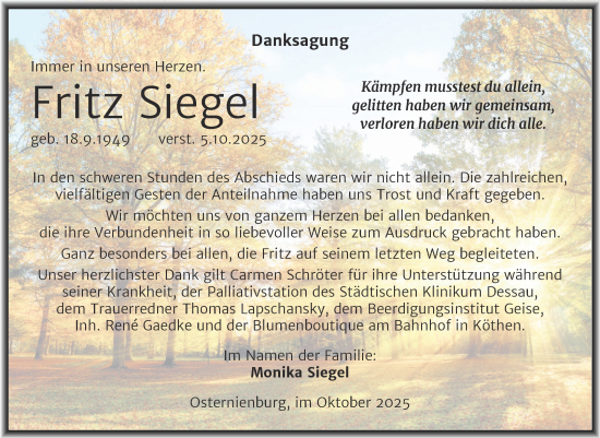 Traueranzeige von Fritz Siegel von Trauerkombi Köthen