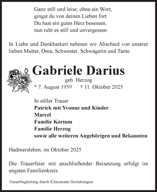 Traueranzeige von Gabriele Darius von Volksstimme Oschersleben/Wanzleben