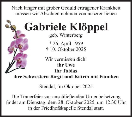 Traueranzeige von Gabriele Klöppel von Volksstimme Altmark Ost