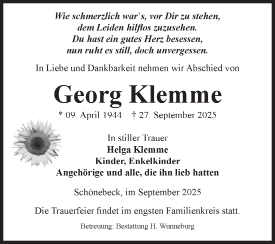 Traueranzeige von Georg Klemme von Volksstimme Schönebeck