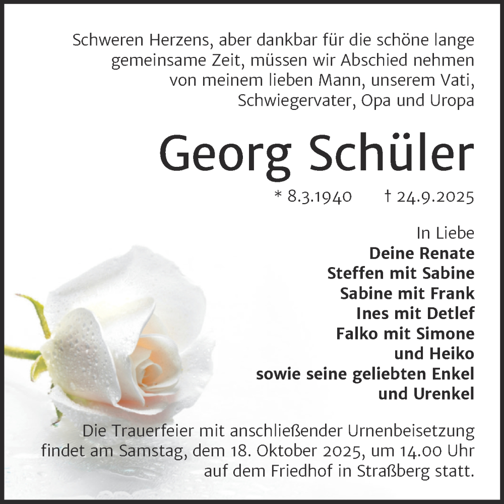  Traueranzeige für Georg Schüler vom 04.10.2025 aus Trauerkombi Quedlinburg