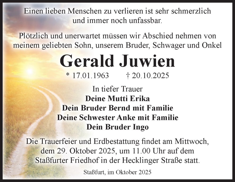  Traueranzeige für Gerald Juwien vom 25.10.2025 aus Volksstimme Staßfurt