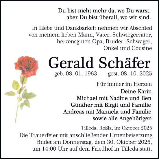 Traueranzeige von Gerald Schäfer von Trauerkombi Sangerhausen