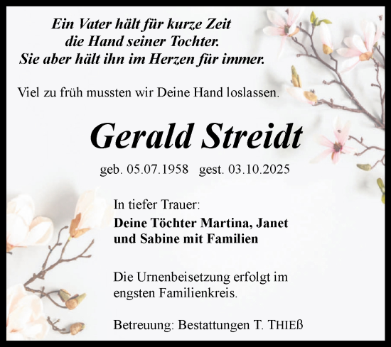 Traueranzeige von Gerald Streidt von Volksstimme Wernigerode