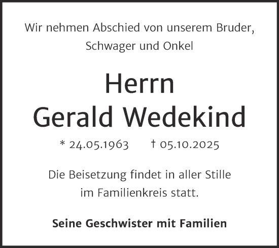 Traueranzeige von Gerald Wedekind von Mitteldeutsche Zeitung Sangerhausen