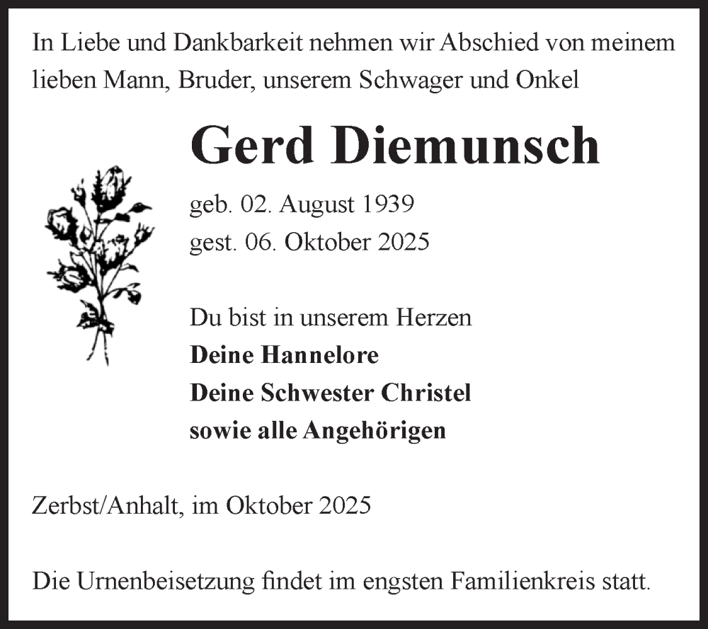  Traueranzeige für Gerd Diemunsch vom 18.10.2025 aus Volksstimme Zerbst