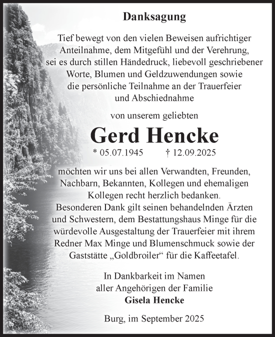 Traueranzeige von Gerd Hencke von Volksstimme Burg/Genthin