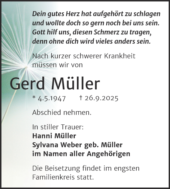 Traueranzeige von Gerd Müller von Super Sonntag Dessau-Roßlau