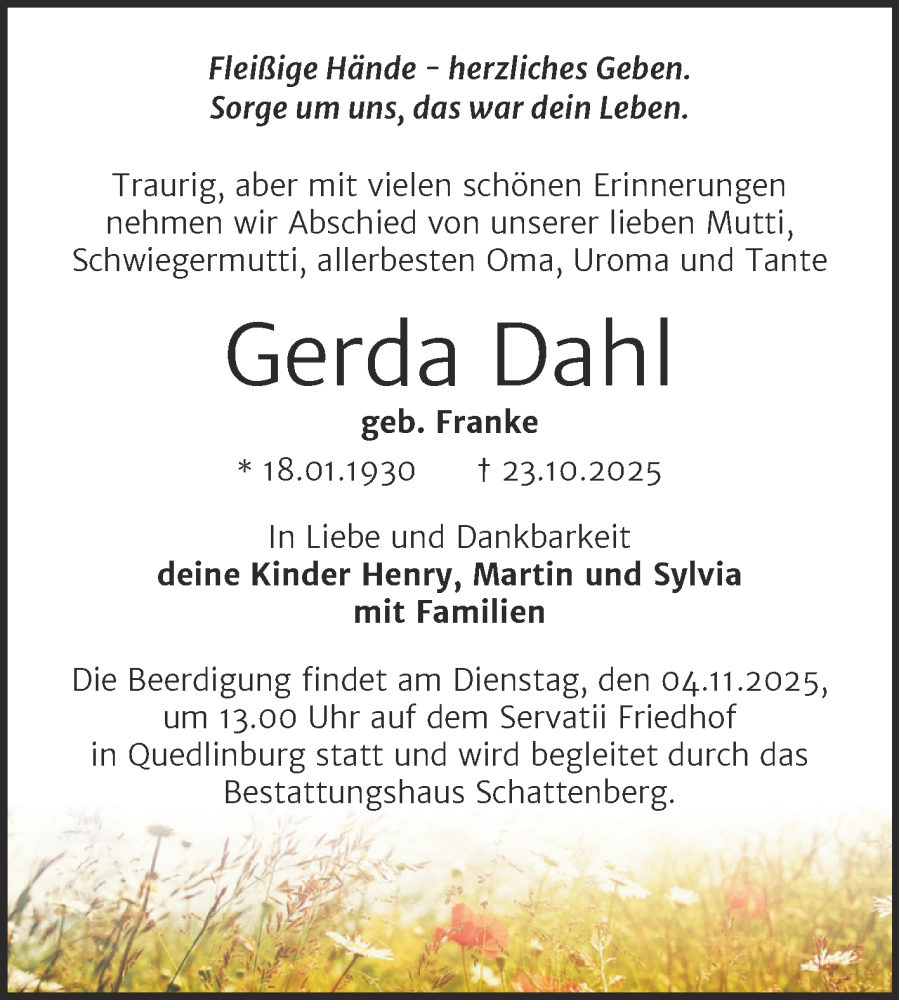  Traueranzeige für Gerda Dahl vom 29.10.2025 aus Trauerkombi Quedlinburg