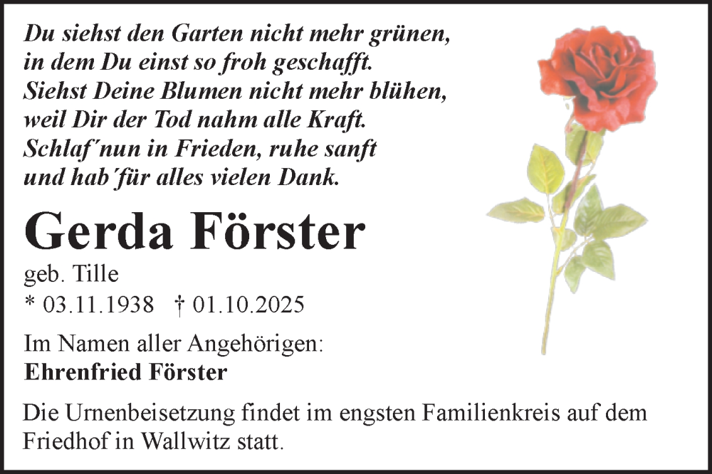  Traueranzeige für Gerda Förster vom 11.10.2025 aus Mitteldeutsche Zeitung Halle/Saalkreis