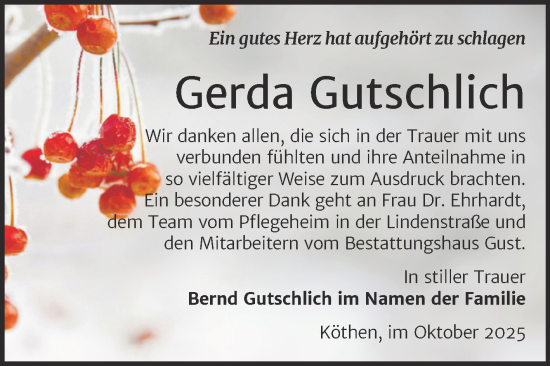 Traueranzeige von Gerda Gutschlich von Trauerkombi Köthen