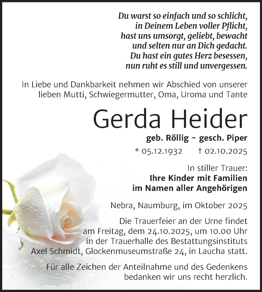  Traueranzeige für Gerda Heider vom 18.10.2025 aus Super Sonntag Naumburg/Nebra