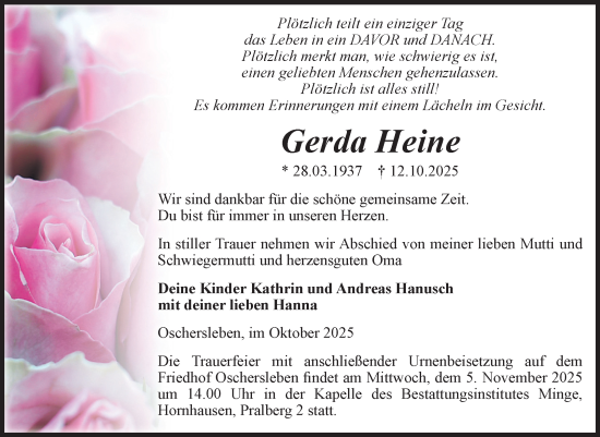 Traueranzeige von Gerda Heine von Volksstimme Oschersleben/Wanzleben