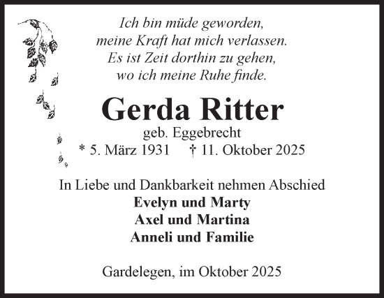 Traueranzeige von Gerda Ritter von Volksstimme Altmark West