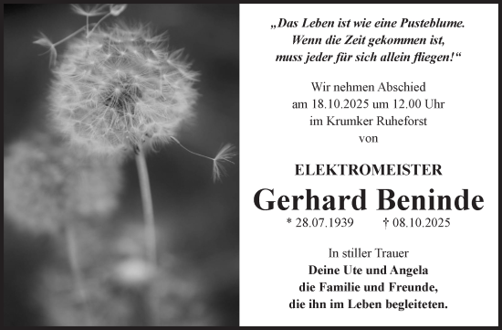Traueranzeige von Gerhard Beninde von Volksstimme Altmark Ost