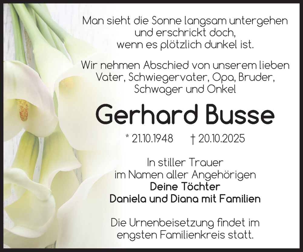  Traueranzeige für Gerhard Busse vom 25.10.2025 aus Volksstimme Zerbst