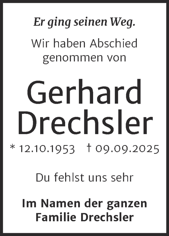 Traueranzeige von Gerhard Drechsler von Trauerkombi Wittenberg
