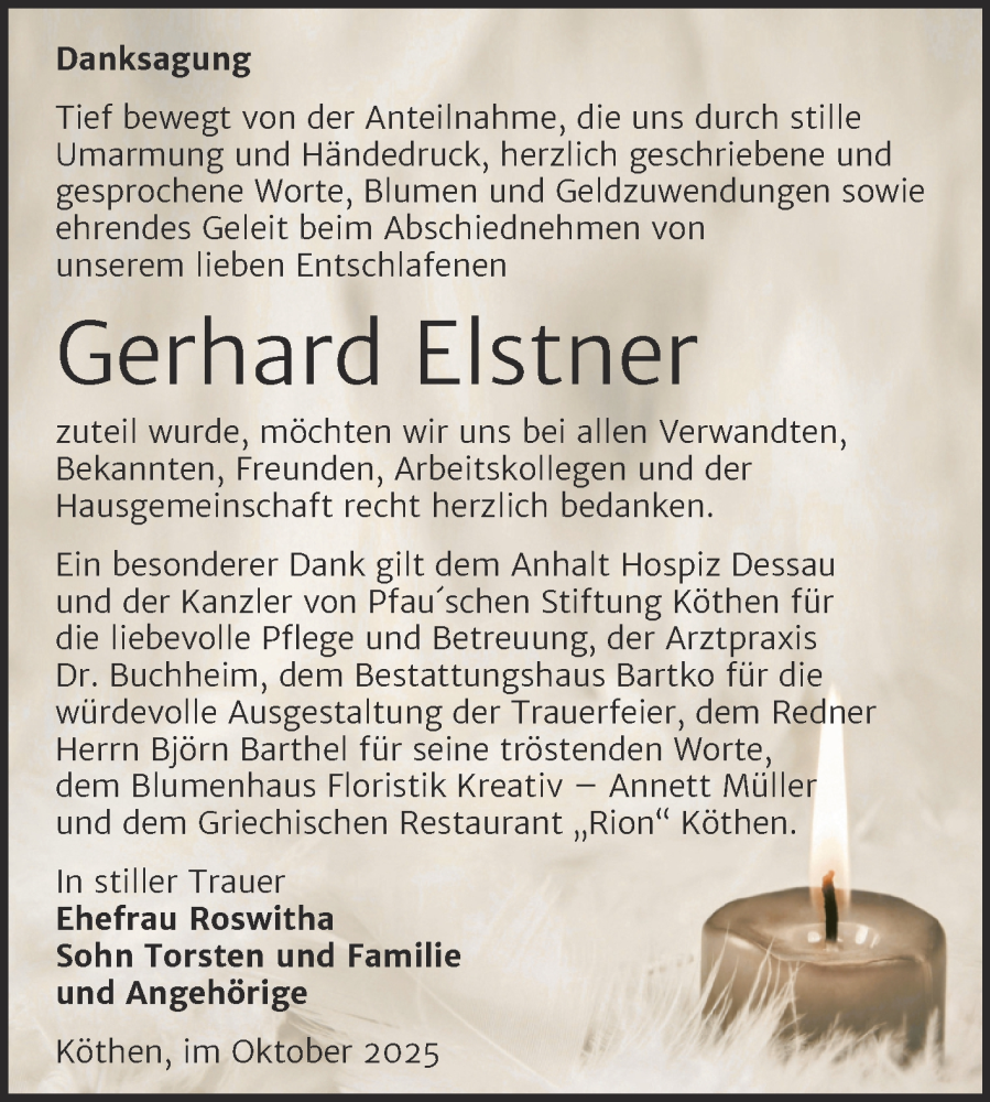  Traueranzeige für Gerhard Elstner vom 18.10.2025 aus Trauerkombi Köthen