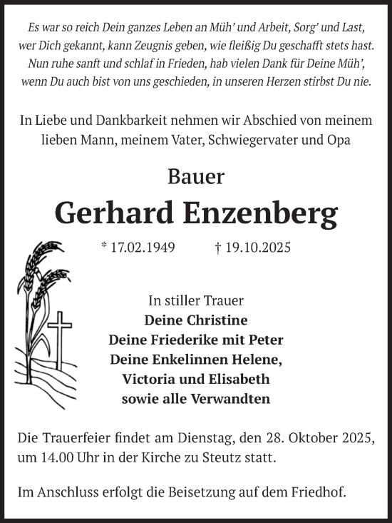 Traueranzeige von Gerhard Enzenberg von Volksstimme Zerbst