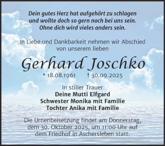 Traueranzeige von Gerhard Joschko von Trauerkombi Quedlinburg