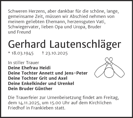 Traueranzeige von Gerhard Lautenschläger von Trauerkombi Merseburg