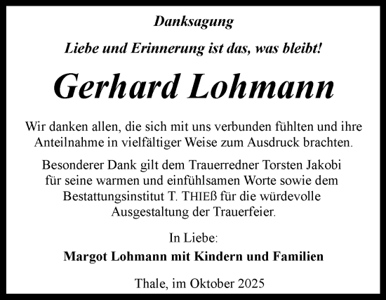 Traueranzeige von Gerhard Lohmann von Trauerkombi Quedlinburg