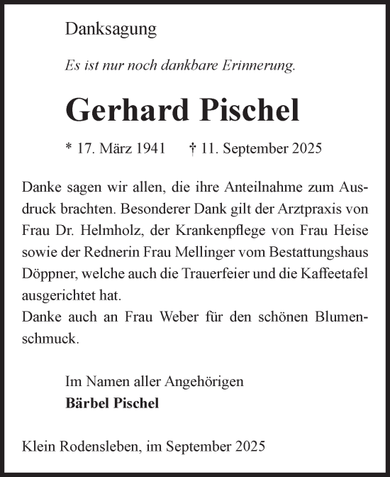 Traueranzeige von Gerhard Pischel von Volksstimme Oschersleben/Wanzleben