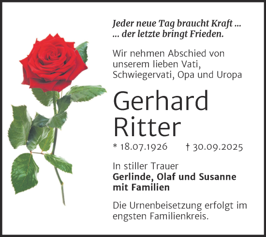 Traueranzeige von Gerhard Ritter von Trauerkombi Quedlinburg