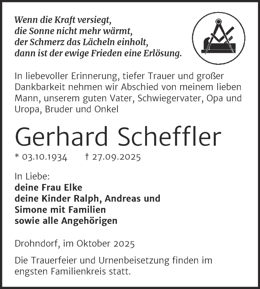  Traueranzeige für Gerhard Scheffler vom 04.10.2025 aus Trauerkombi Aschersleben