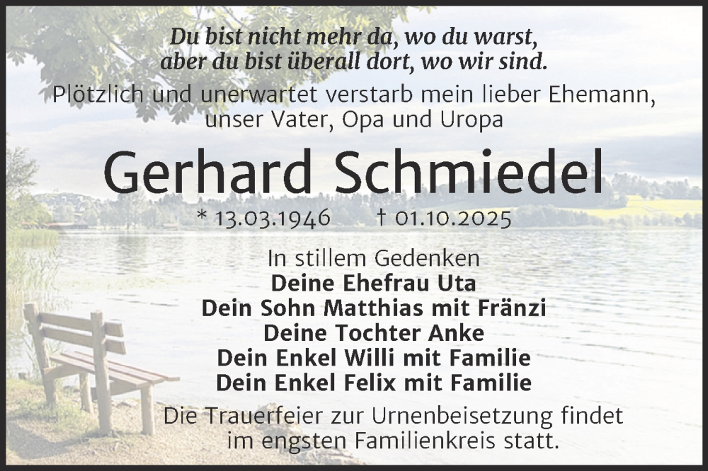  Traueranzeige für Gerhard Schmiedel vom 18.10.2025 aus Trauerkombi Merseburg
