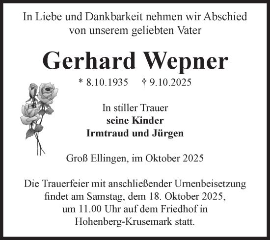 Traueranzeige von Gerhard Wepner von Volksstimme Altmark Ost